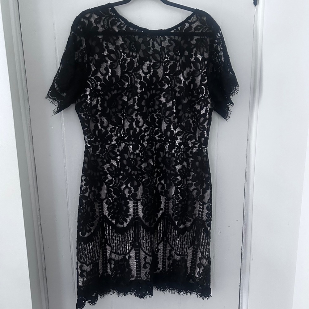 MSLG Women Black Floral Lace Overlay Cocktail Dress XL white Lining Short Sleeve